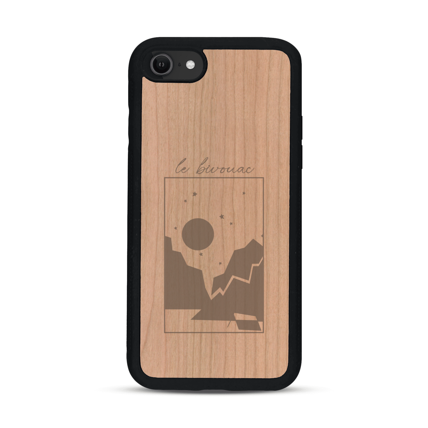 Coque de protection en bois véritable fabriquée en France pour  sur le thème du camping en pleine nature et du bivouac avec la phrase "Aventure is out there"