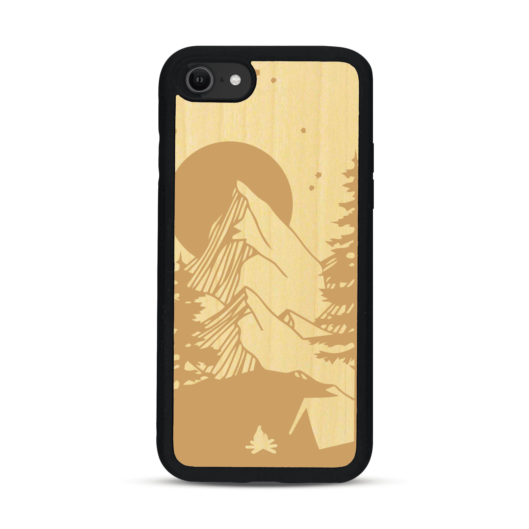 Coque de protection en bois véritable fabriquée en France pour  sur le thème du camping en pleine nature représentant une tente avec un feu de camp entouré de montagnes