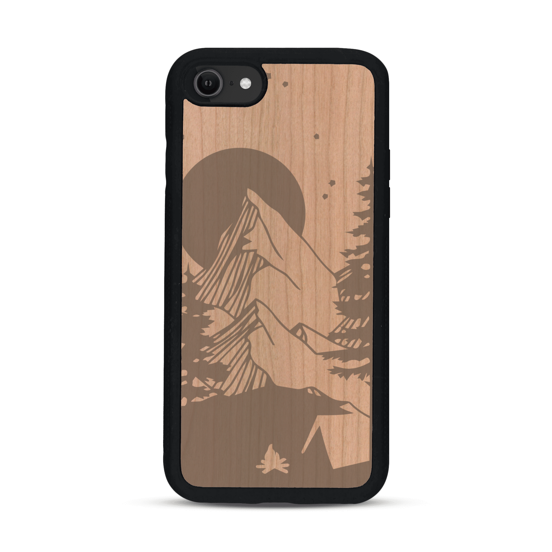 Coque de protection en bois véritable fabriquée en France pour  sur le thème du camping en pleine nature représentant une tente avec un feu de camp entouré de montagnes