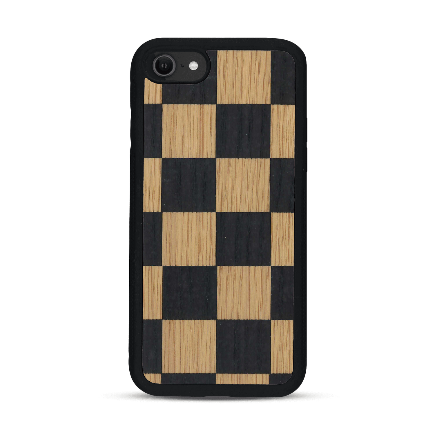 Coque de protection en bois véritable fabriquée en France pour  alliant plusieurs essences de bois pour représenter un damier