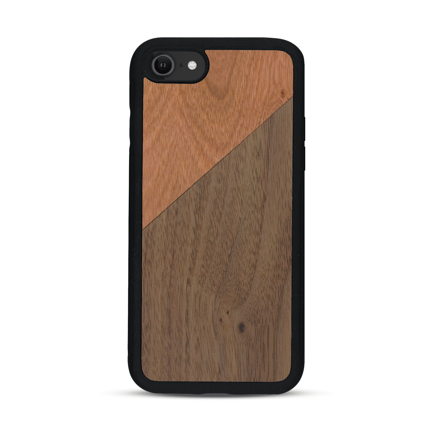 Coque de protection en bois véritable fabriquée en France pour  alliant du merisier et du noyer formant chacun un triangle avec une jointure en diagonale sur le thème de l'art abstrait