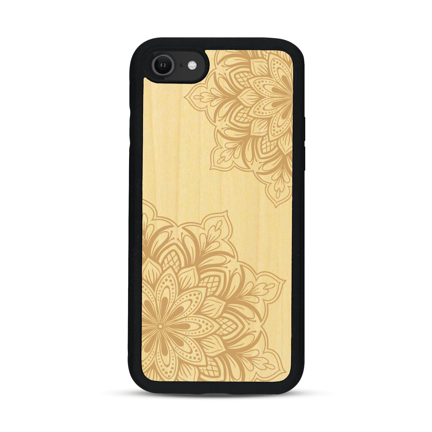 Coque de protection en bois véritable fabriquée en France pour  sur le thème de la bohème et du tatouage au henné avec une gravure représentant un mandala