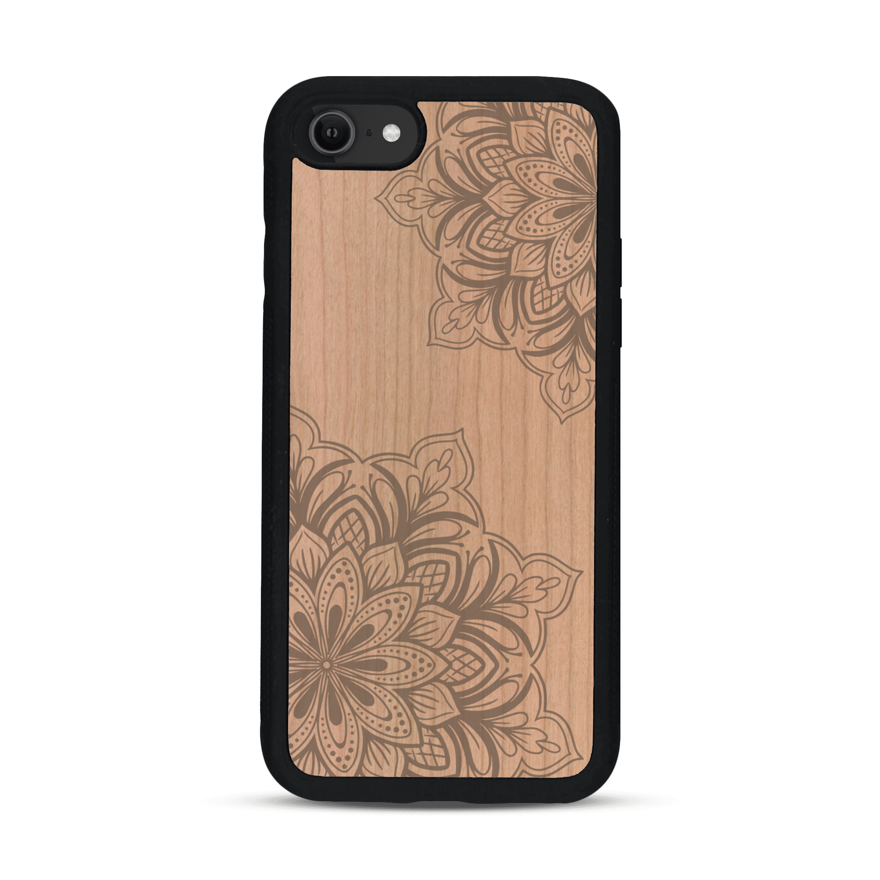 Coque de protection en bois véritable fabriquée en France pour  sur le thème de la bohème et du tatouage au henné avec une gravure représentant un mandala