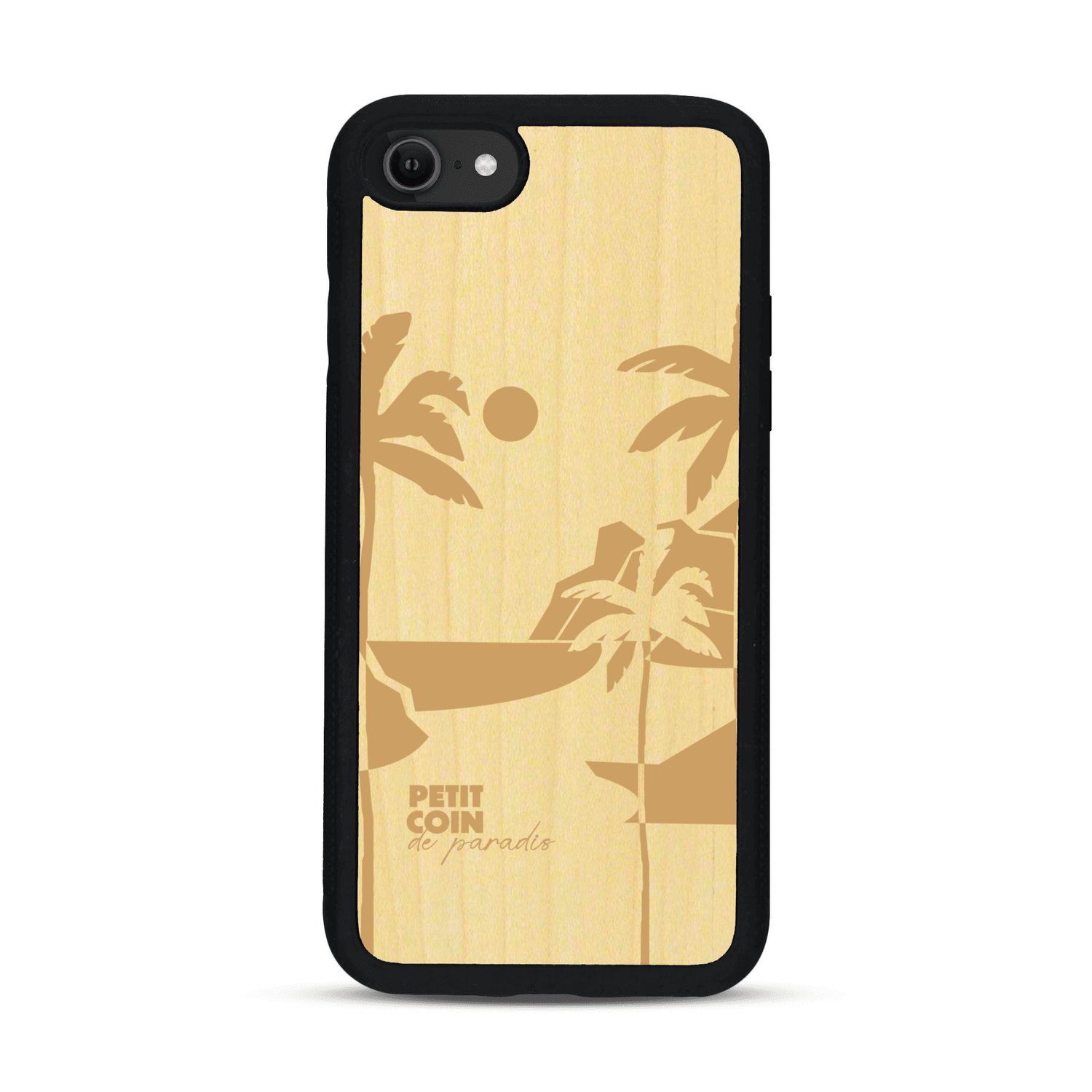 Coque de protection en bois véritable fabriquée en France pour  sur le thème des voyages en vans, vanlife et chill avec une gravure représentant un van vw combi devant le soleil couchant sur une plage avec des vagues