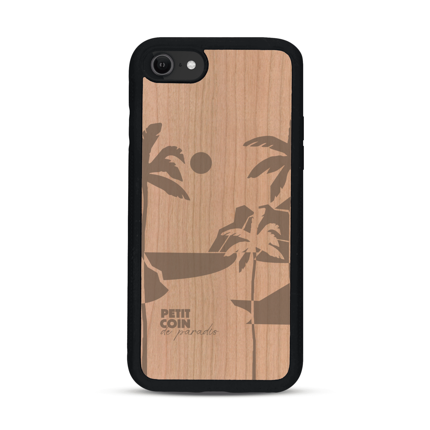 Coque de protection en bois véritable fabriquée en France pour  sur le thème des voyages en vans, vanlife et chill avec une gravure représentant un van vw combi devant le soleil couchant sur une plage avec des vagues