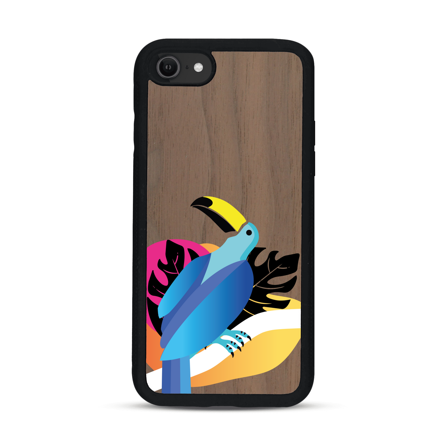 Coque de protection en bois véritable fabriquée en France pour iPhone SE 2022 représentant un toucan coloré avec un design moderne et minimaliste sur le thème de la jungle et de la nature