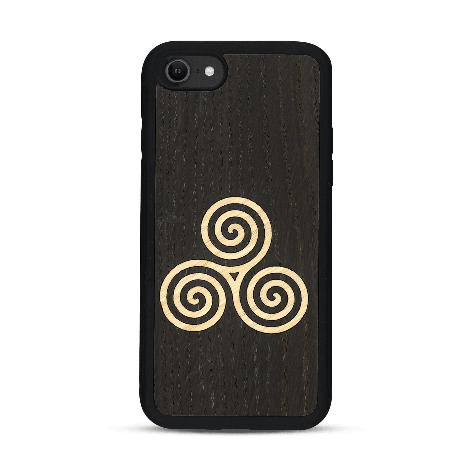 Coque de protection en bois véritable fabriquée en France pour  alliant du chêne fumé et du bambou et doré représentant un triskell