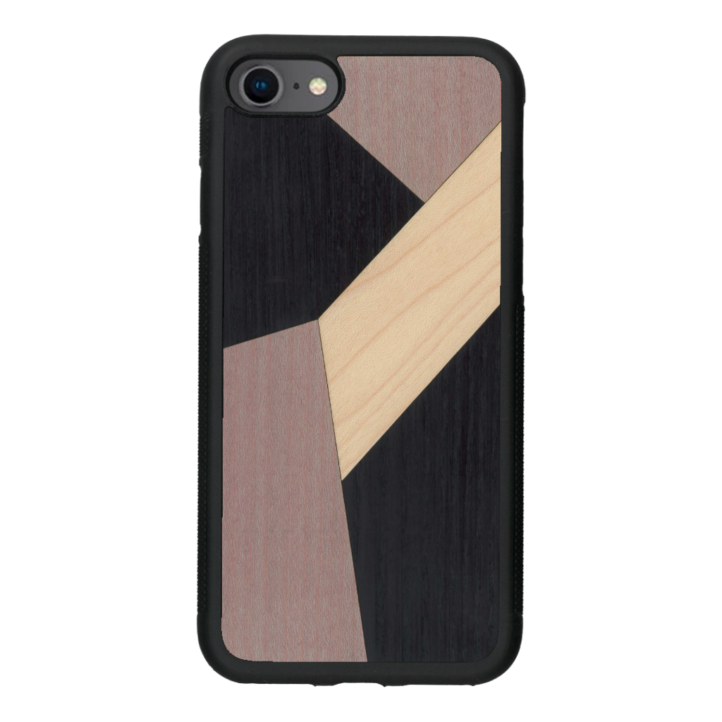 Coque de protection en bois véritable fabriquée en France pour iPhone SE 2022 alliant du bambou, du tulipier mauve et noir en forme de mosaïque minimaliste sur le thème de l'art abstrait