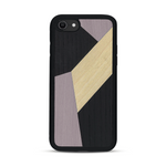 Coque de protection en bois véritable fabriquée en France pour  alliant du bambou, du tulipier mauve et noir en forme de mosaïque minimaliste sur le thème de l'art abstrait