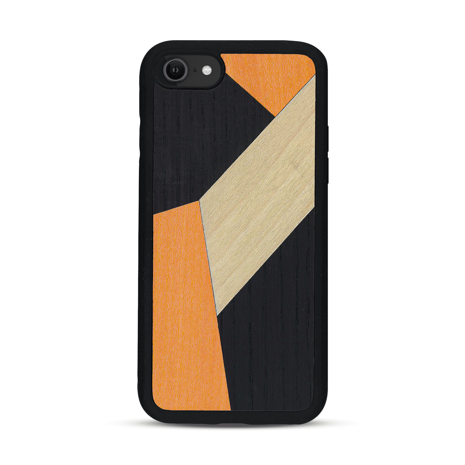 Coque de protection en bois véritable fabriquée en France pour  alliant du bambou, du tulipier orange et noir en forme de mosaïque minimaliste sur le thème de l'art abstrait