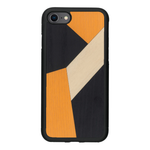 Coque de protection en bois véritable fabriquée en France pour iPhone SE 2022 alliant du bambou, du tulipier orange et noir en forme de mosaïque minimaliste sur le thème de l'art abstrait