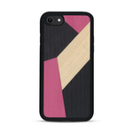 Coque de protection en bois véritable fabriquée en France pour  alliant du bambou, du tulipier rose et noir en forme de mosaïque minimaliste sur le thème de l'art abstrait