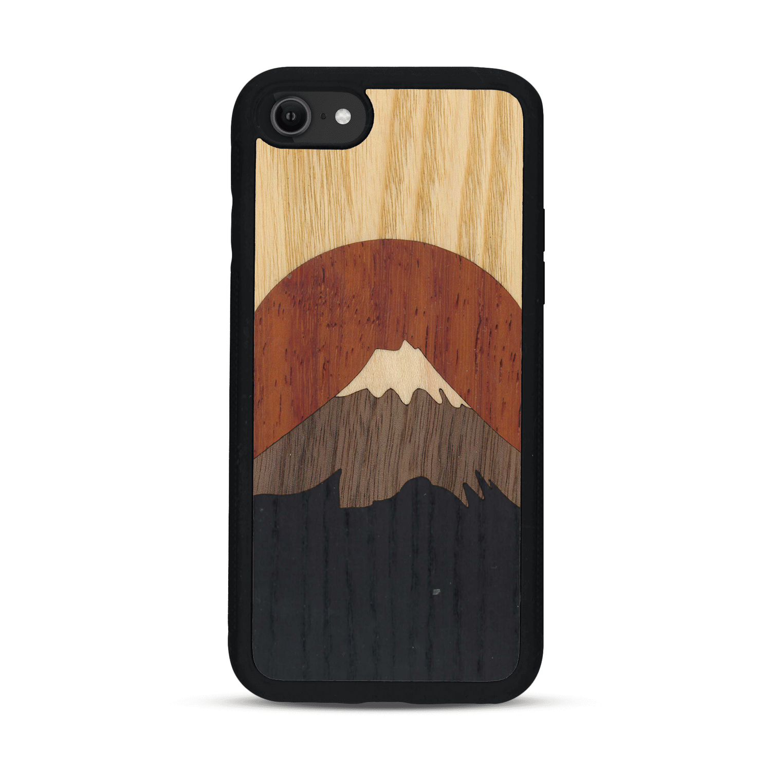 Coque de protection en bois véritable fabriquée en France pour  alliant plusieurs essences de bois pour représenter le mont Fuji