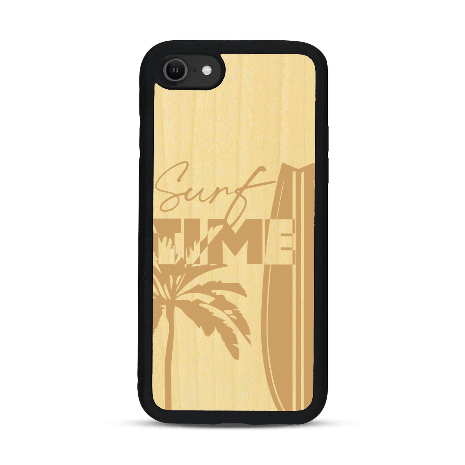 Coque de protection en bois véritable fabriquée en France pour  sur le thème chill avec un motif représentant une silouhette tenant une planche de surf sur une plage entouré de palmiers et les mots "Surf Time Long Beach Miami"