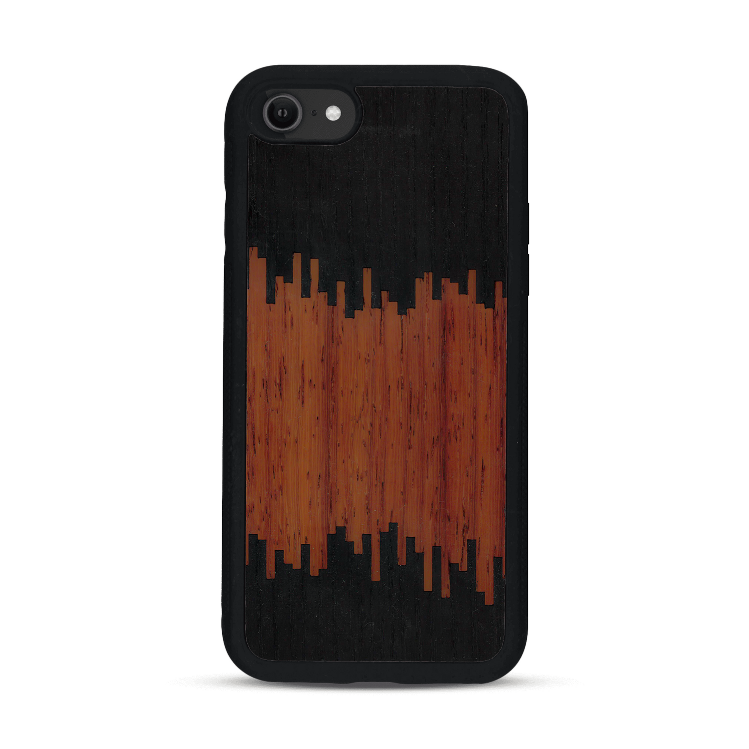 Coque de protection en bois véritable fabriquée en France pour  alliant plusieurs essences de bois pour représenter du magma en fusion