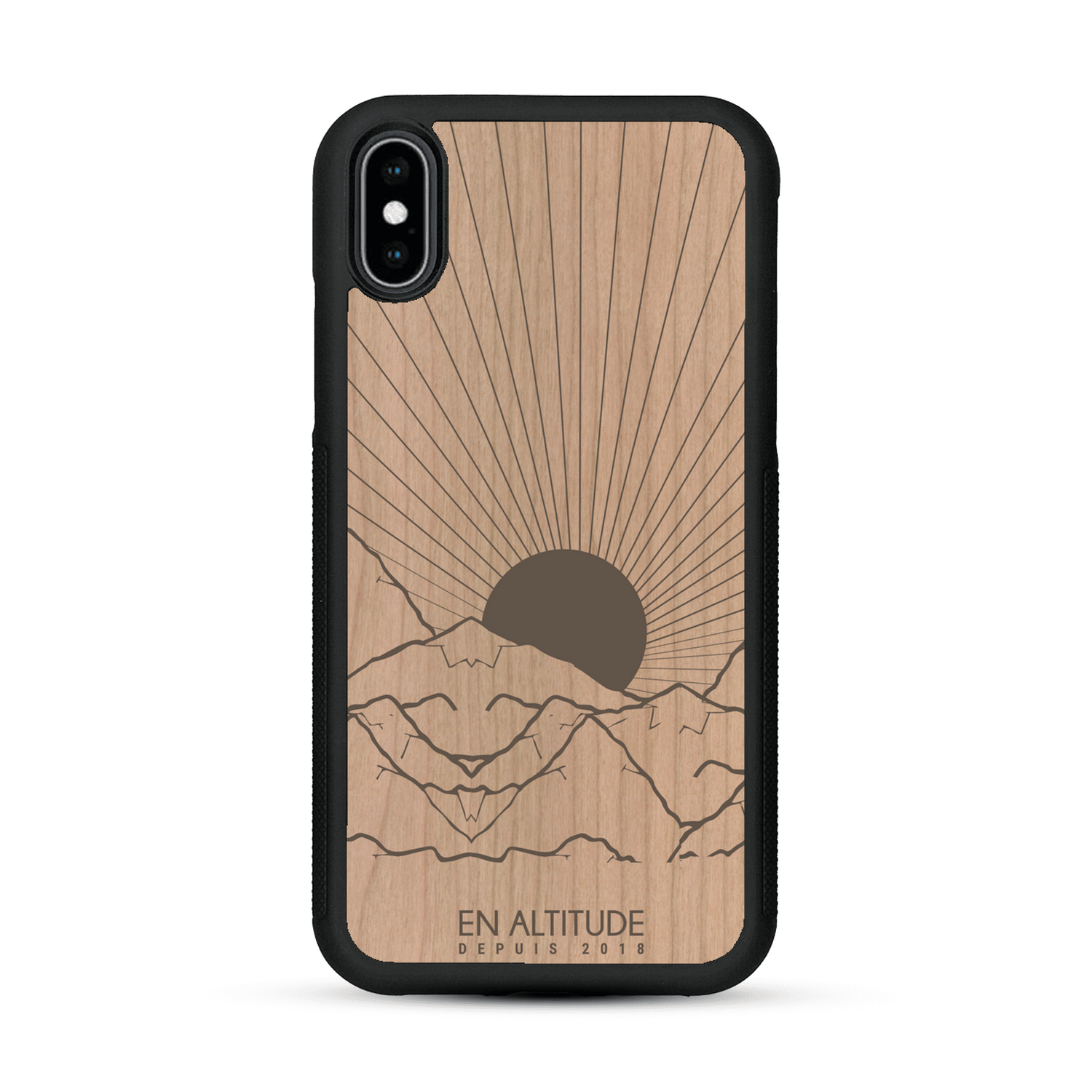 Coque de protection en bois véritable fabriquée en France pour  représentant des montagnes, sur le thème de la randonnée en pleine nature et du trail