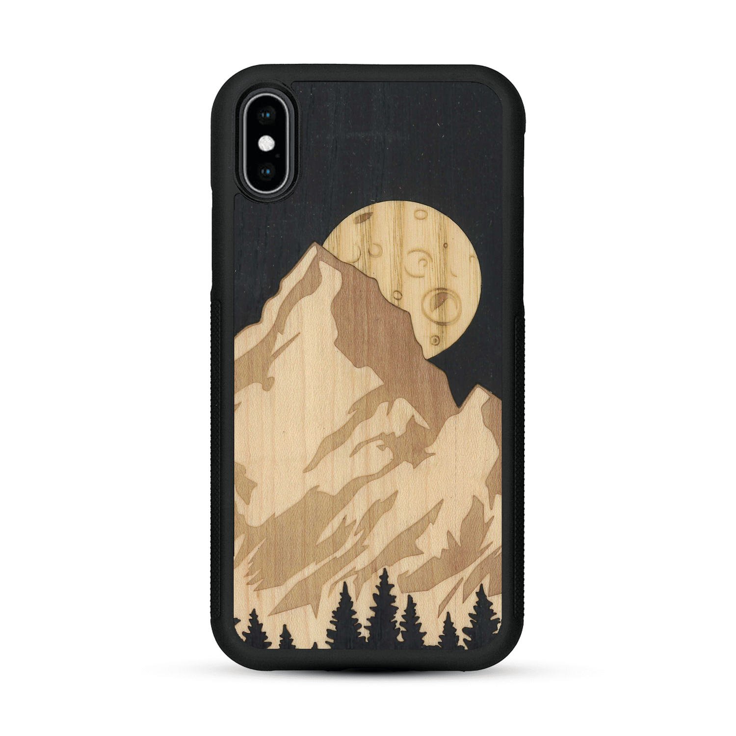 Coque de protection en bois véritable fabriquée en France pour  alliant plusieurs essences de bois pour représenter le mont Everest