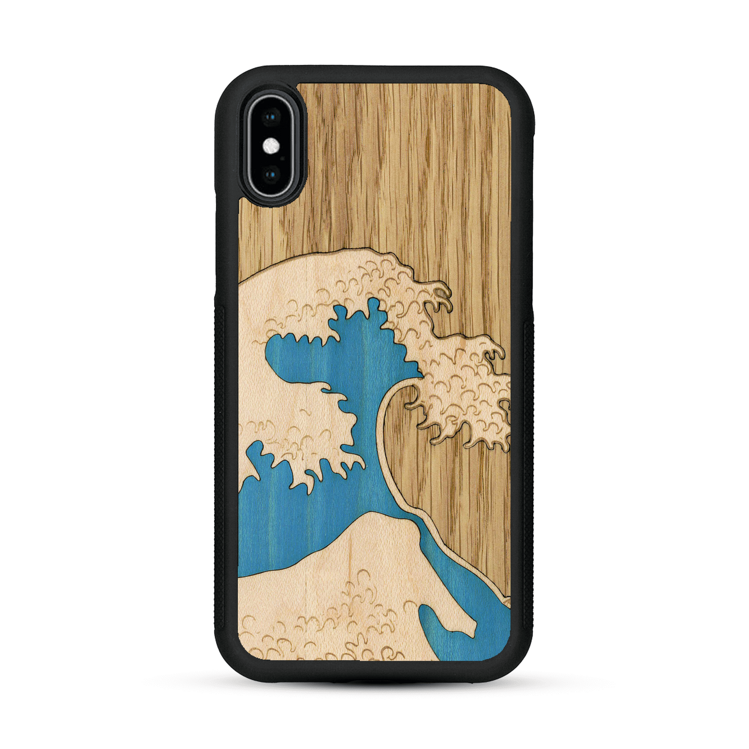 Coque de protection en bois véritable fabriquée en France pour  alliant plusieurs essences de bois pour représenter la célèbre grande vague de Kanagawa