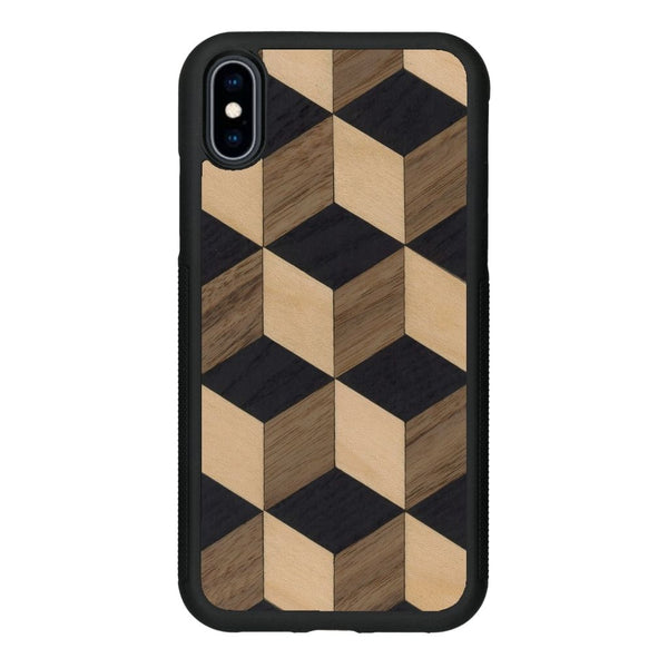 Coque de protection en bois véritable fabriquée en France pour iPhone X alliant plusieurs essences de bois pour représenter un classique intemporel de la marqueterie