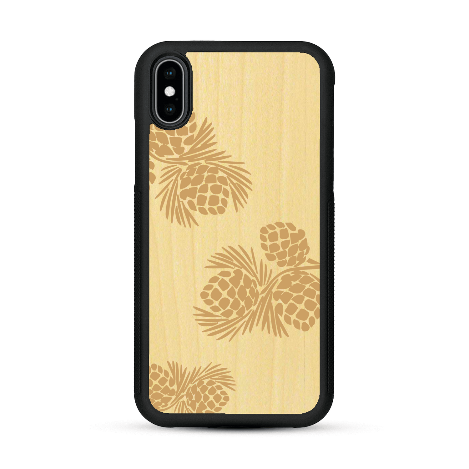 Coque de protection en bois véritable fabriquée en France pour  sur le thème de la nature des arbres avec un motif de gravure représentant des épines de sapin et des pommes de pin