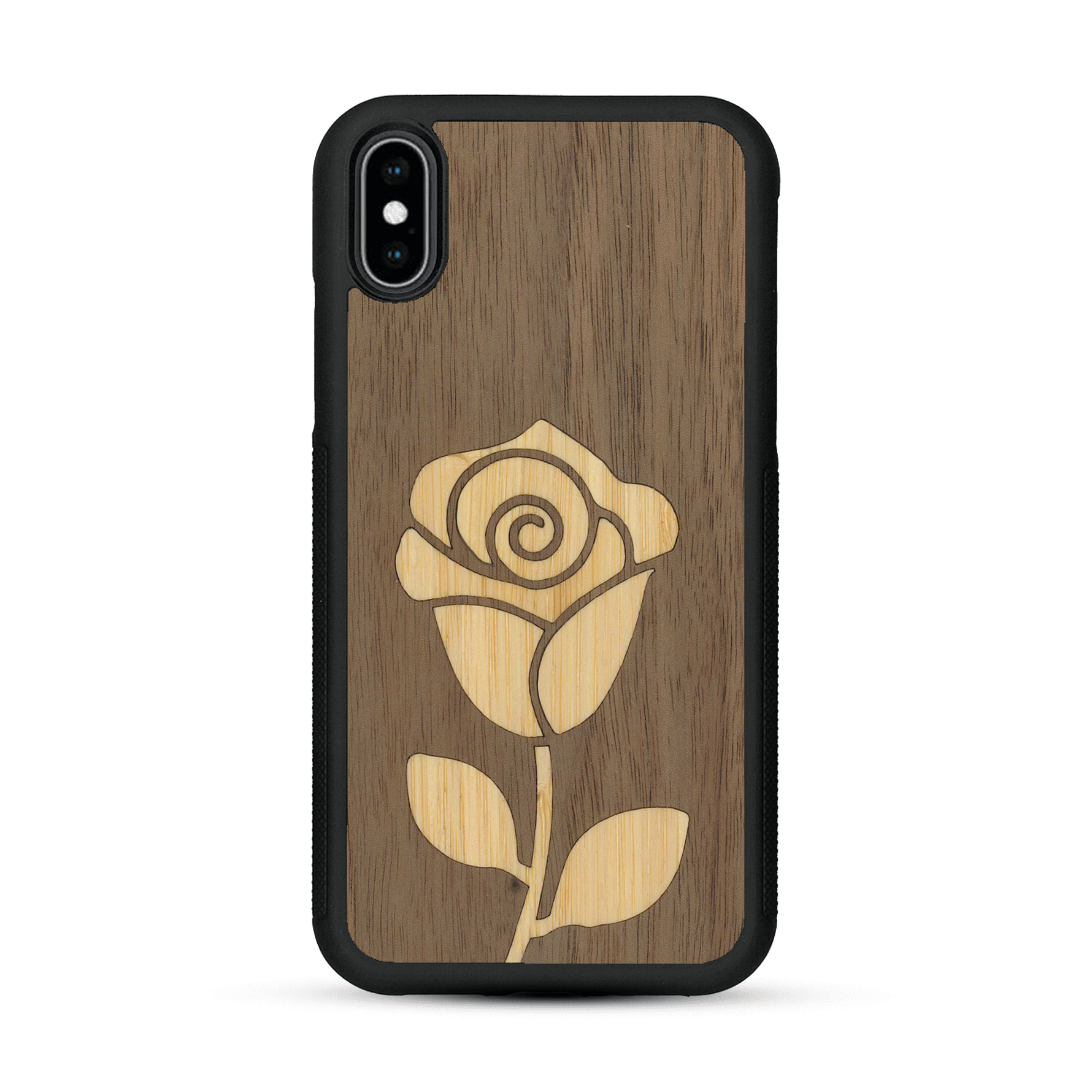 Coque de protection en bois véritable fabriquée en France pour  alliant plusieurs essences de bois pour représenter une rose