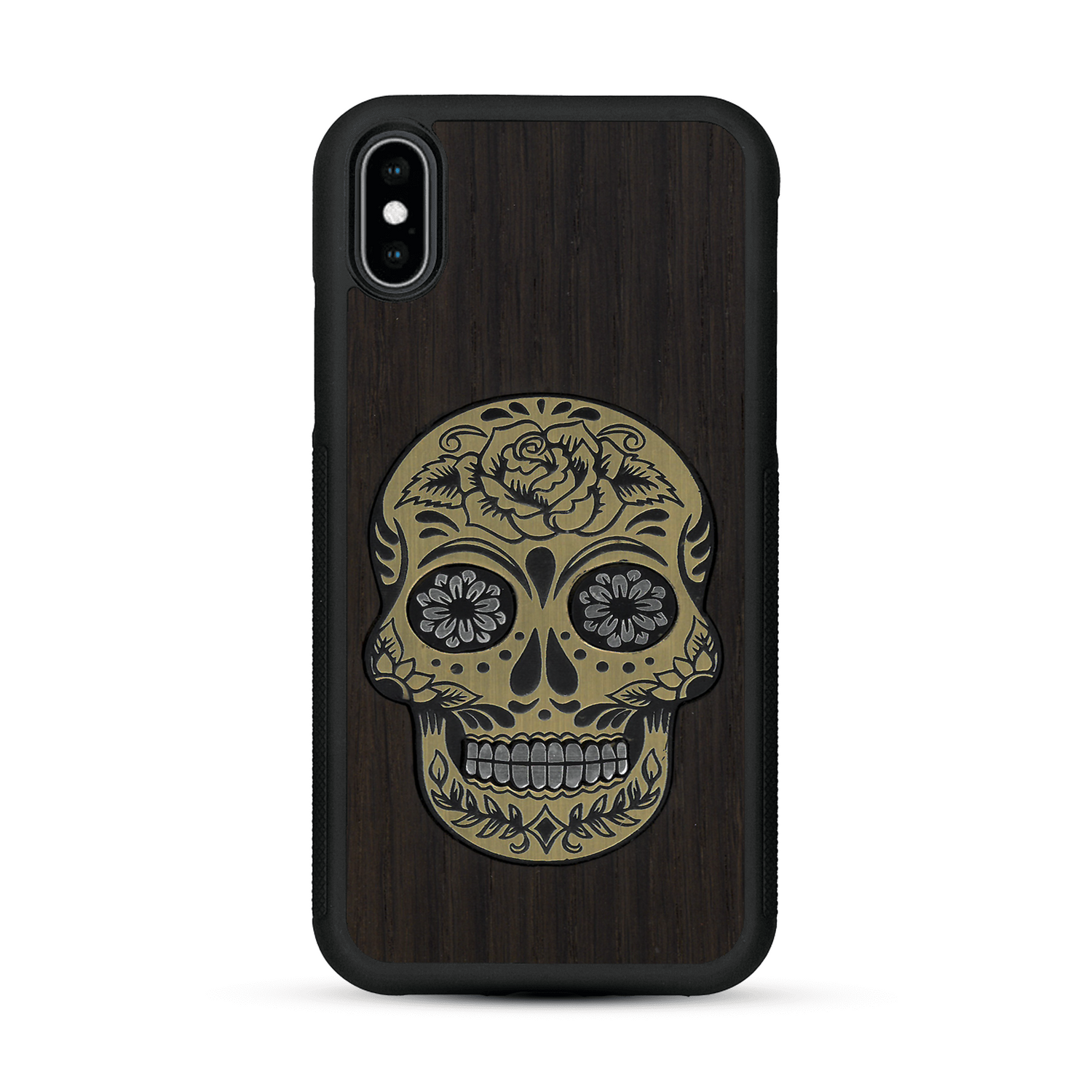 Coque de protection en bois véritable fabriquée en France pour  alliant du chêne fumé avec du métal argenté et doré représentant une tête de mort mexicaine sur le thème Dia de los Muertos