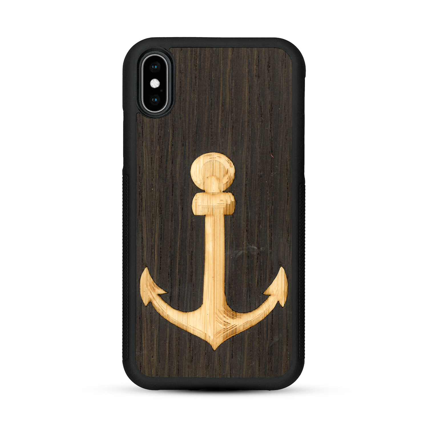 Coque de protection en bois véritable fabriquée en France pour  sur le thème nautique avec un bois clair et un bois foncé représentant une ancre de bateau