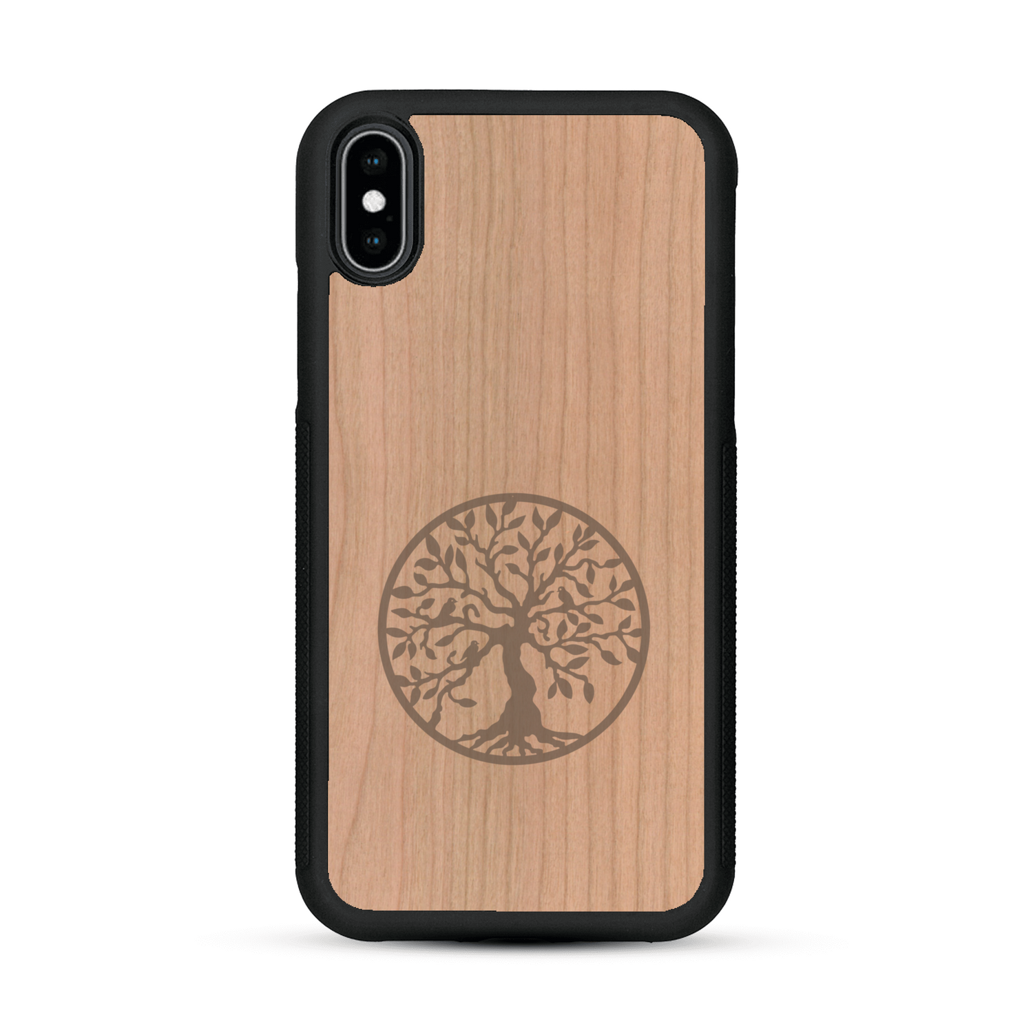 Coque de protection en bois véritable fabriquée en France pour  sur le thème de la spiritualité et du yoga avec une gravure zen représentant un arbre de vie
