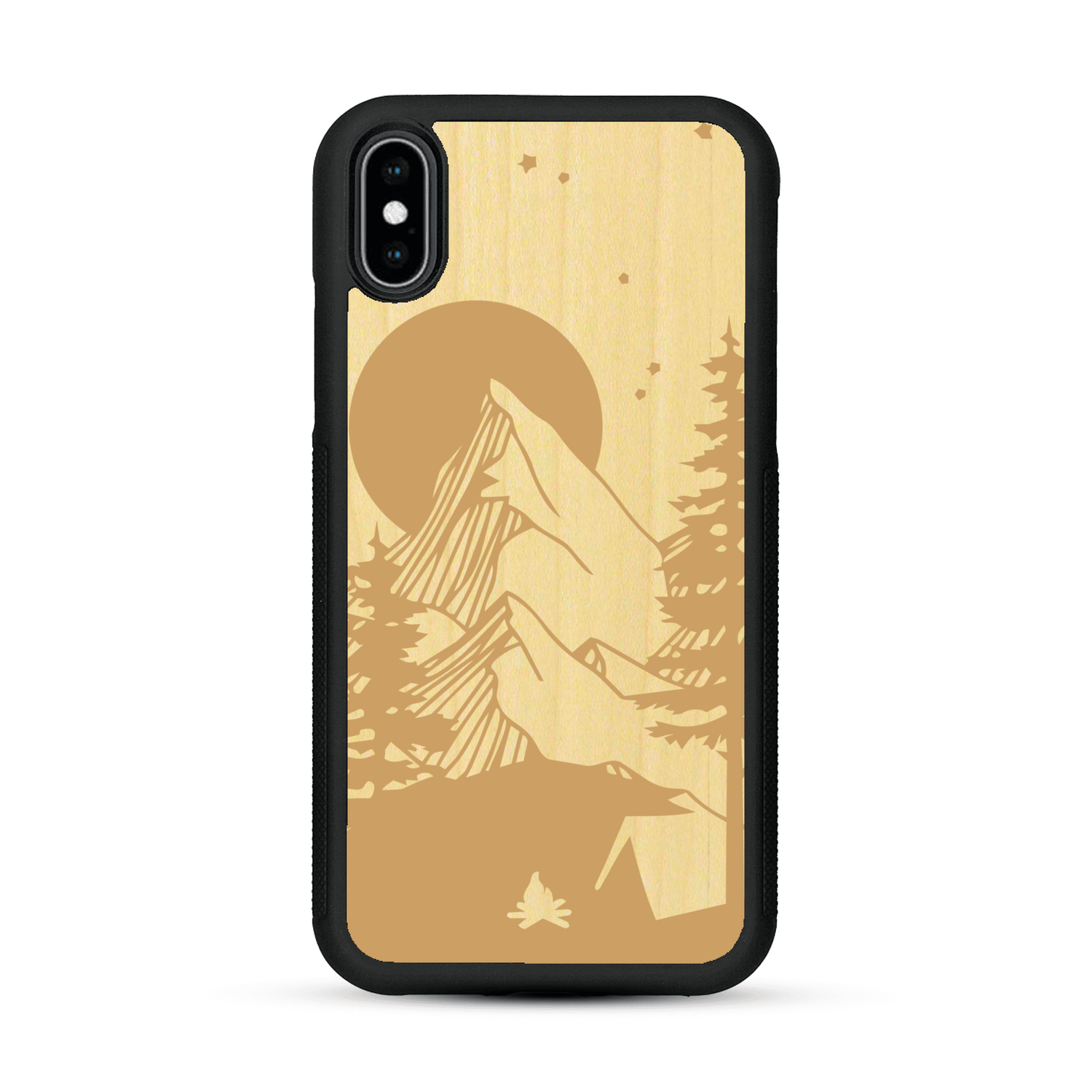 Coque de protection en bois véritable fabriquée en France pour  sur le thème du camping en pleine nature représentant une tente avec un feu de camp entouré de montagnes