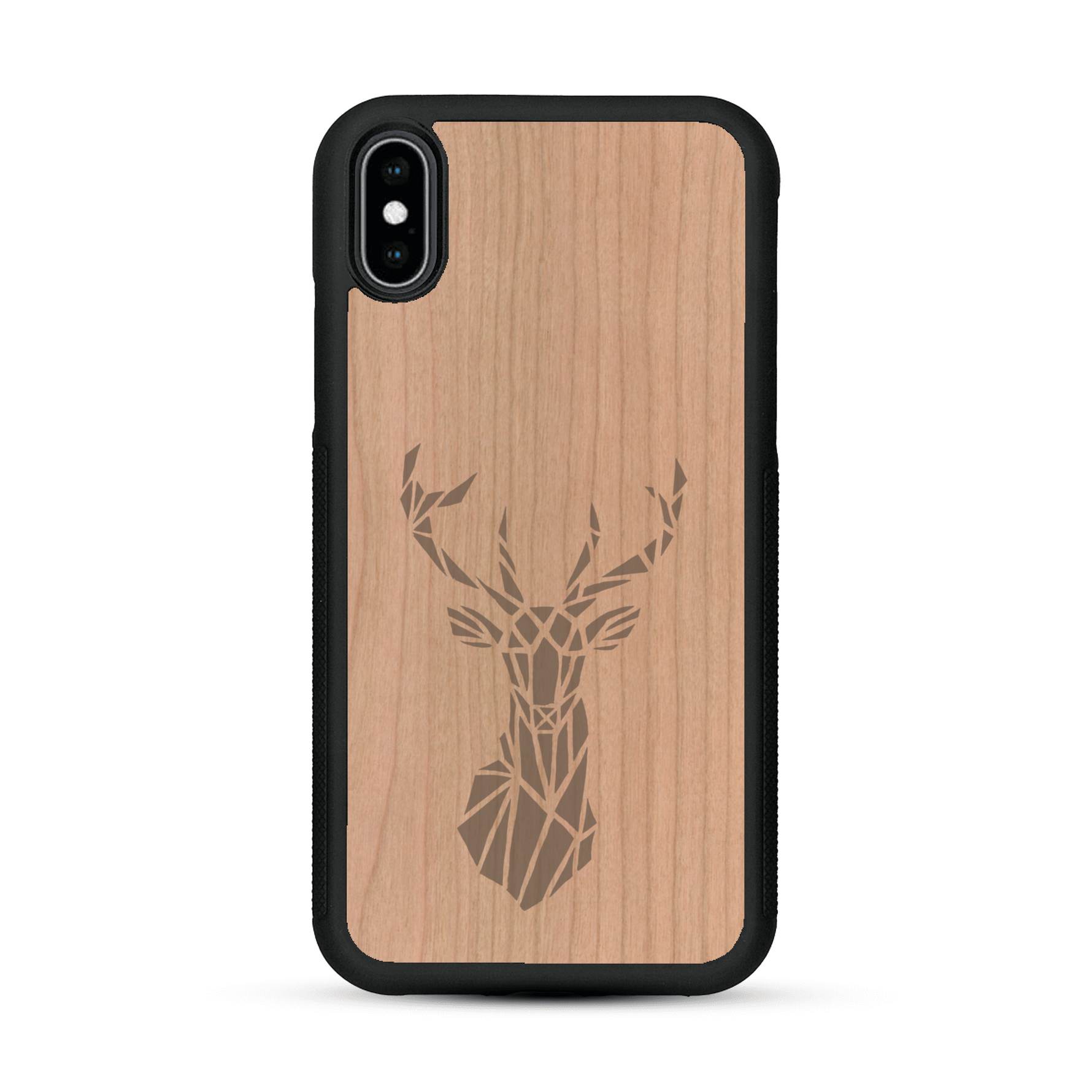Coque de protection en bois véritable fabriquée en France pour  sur le thème de la nature et des animaux représentant une tête de cerf gométrique avec un design moderne et minimaliste