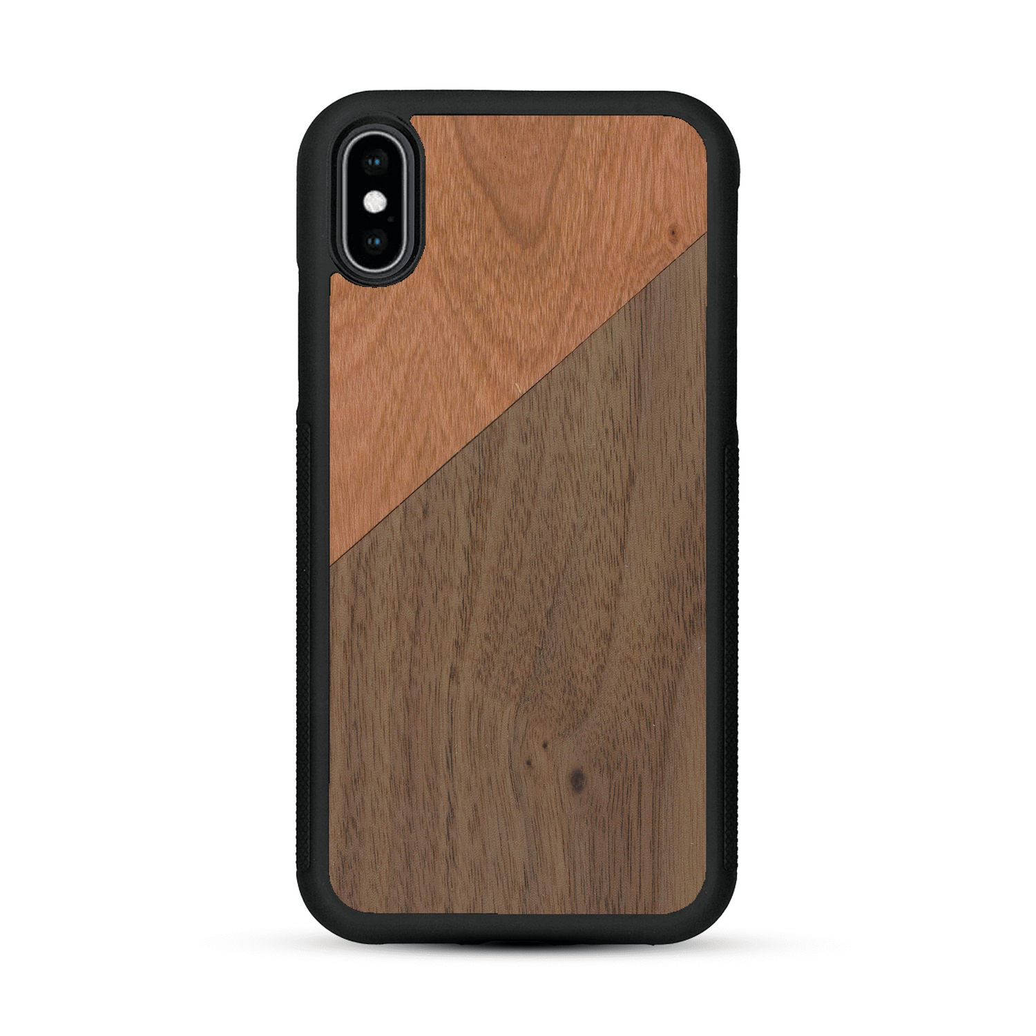 Coque de protection en bois véritable fabriquée en France pour  alliant du merisier et du noyer formant chacun un triangle avec une jointure en diagonale sur le thème de l'art abstrait