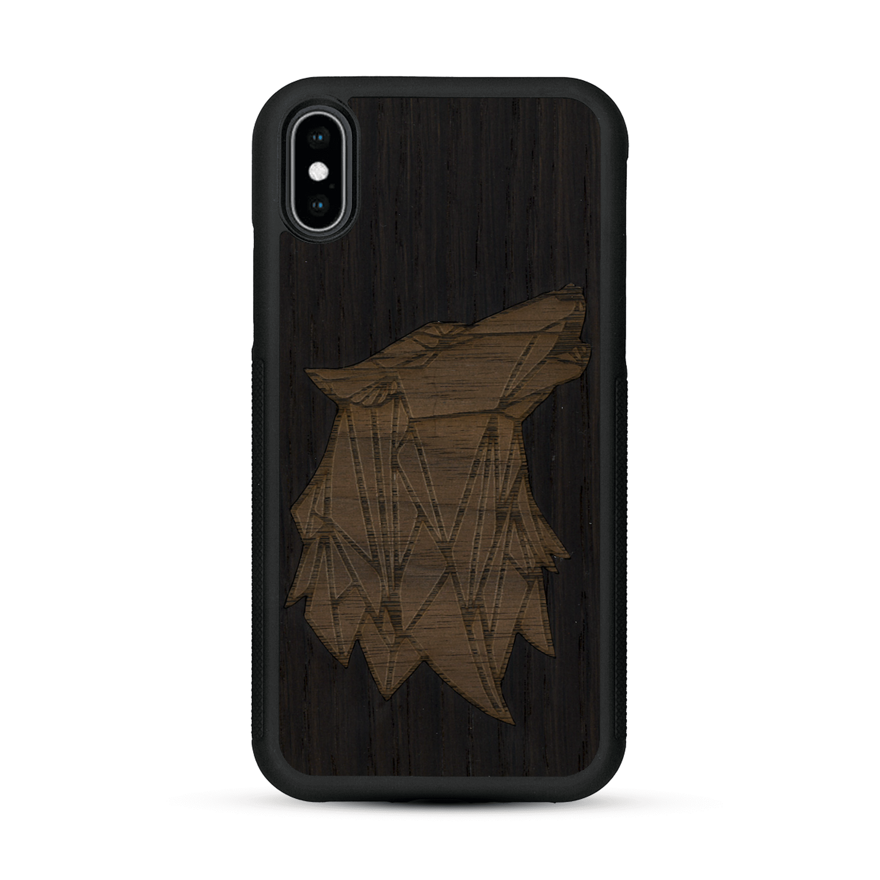 Coque de protection en bois véritable fabriquée en France pour  alliant du chêne fumé et du noyer représentant une tête de loup géométrique de profil sur le thème des animaux et de la nature