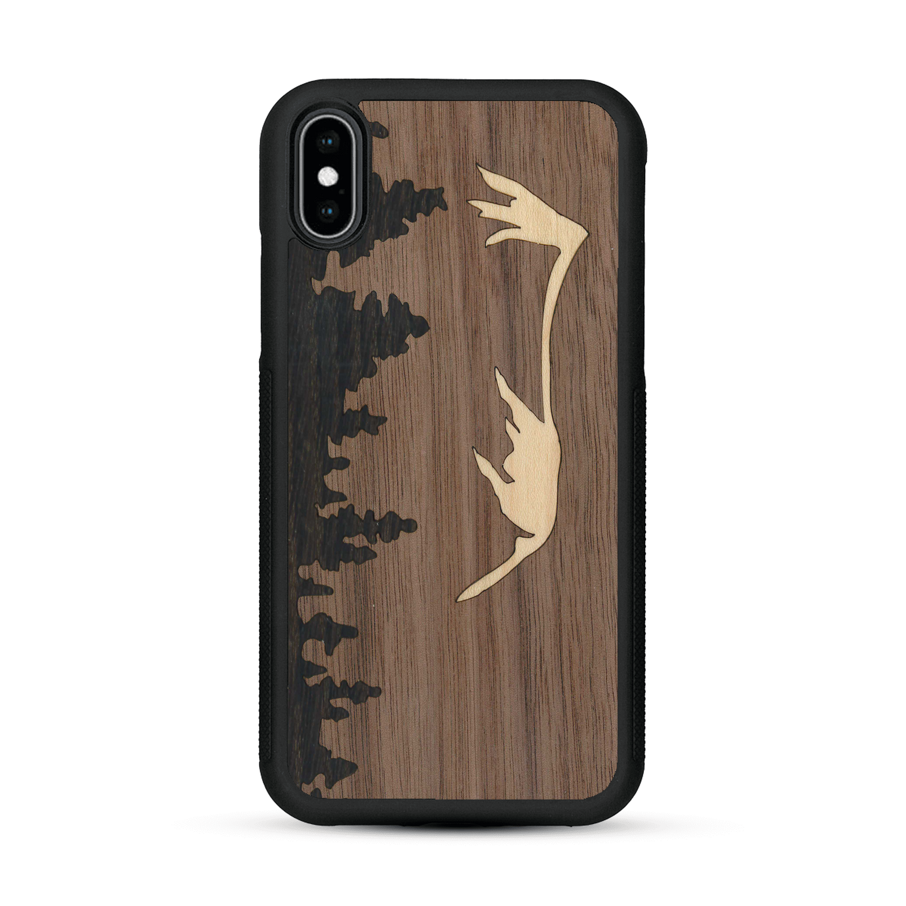 Coque de protection en bois véritable fabriquée en France pour  sur le thème de la nature et de la montagne qui allie du chêne fumé, du noyer et du bambou représentant le mont mézenc