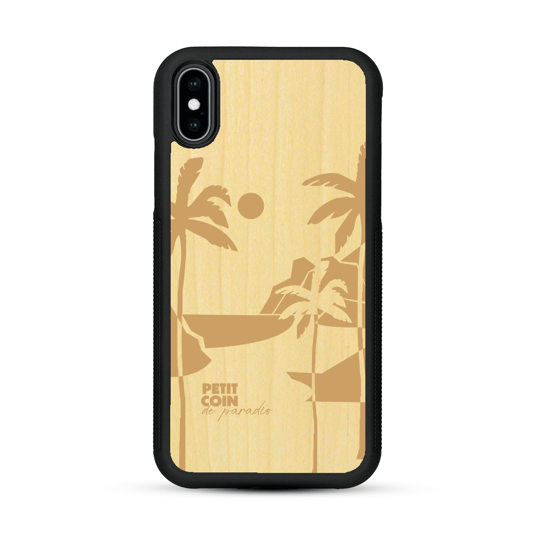 Coque de protection en bois véritable fabriquée en France pour  sur le thème des voyages en vans, vanlife et chill avec une gravure représentant un van vw combi devant le soleil couchant sur une plage avec des vagues