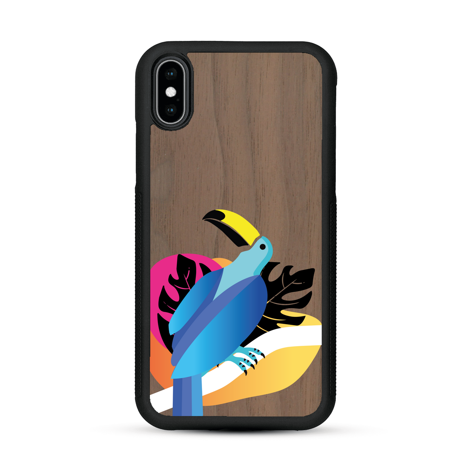 Coque de protection en bois véritable fabriquée en France pour iPhone X représentant un toucan coloré avec un design moderne et minimaliste sur le thème de la jungle et de la nature