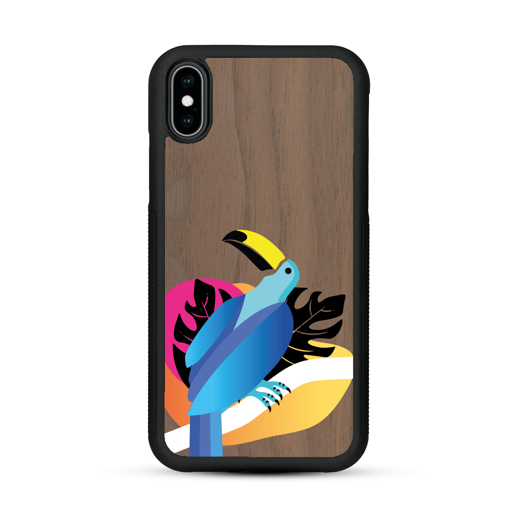 Coque de protection en bois véritable fabriquée en France pour iPhone X représentant un toucan coloré avec un design moderne et minimaliste sur le thème de la jungle et de la nature