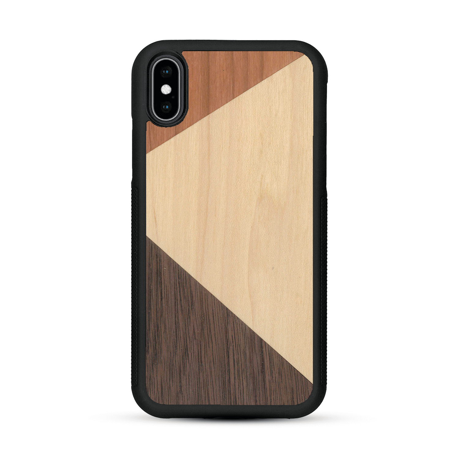 Coque de protection en bois véritable fabriquée en France pour  alliant du merisier, du noyer et du bambou formant chacun deux triangles et un trapèze avec deux jointures en diagonale sur le thème de l'art abstrait