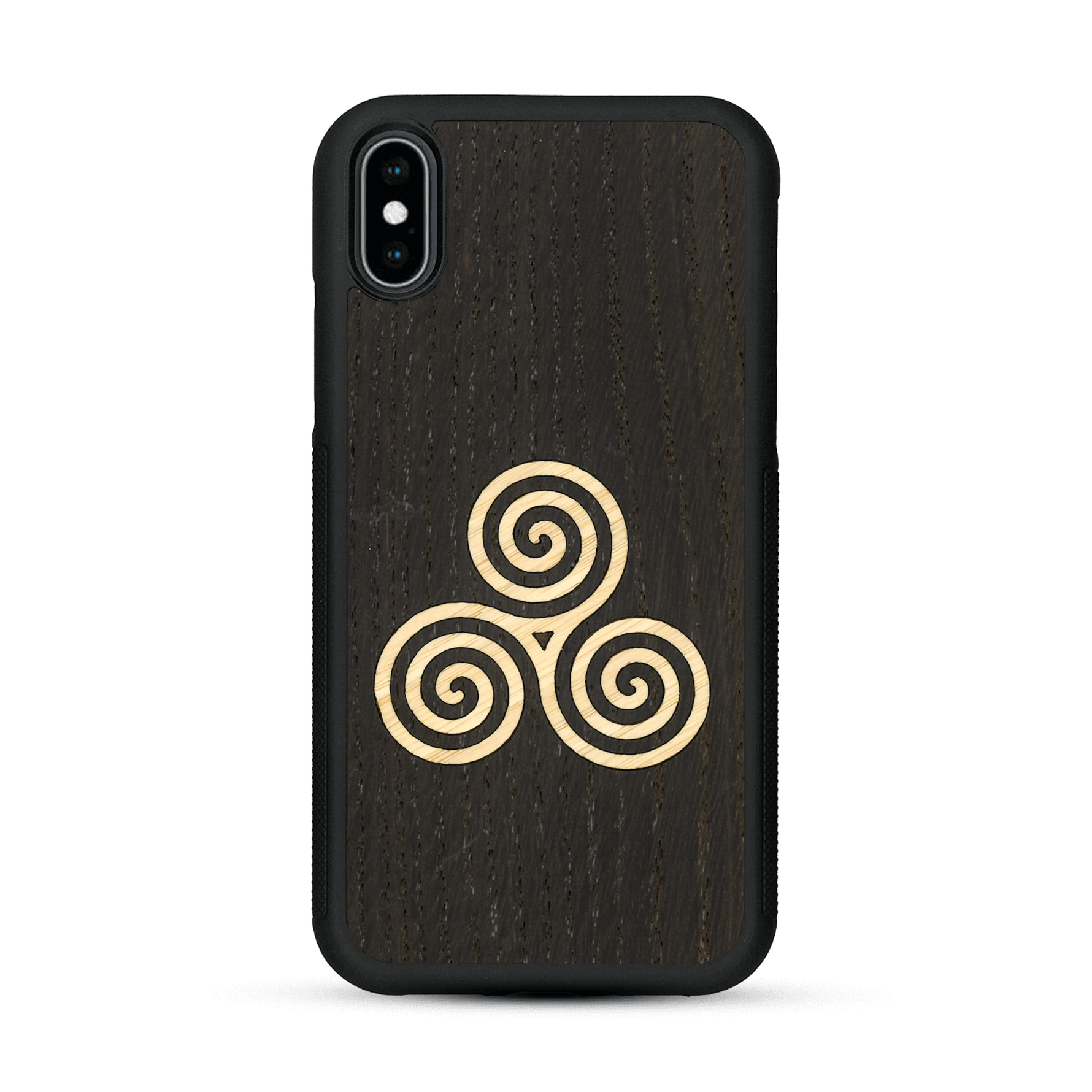 Coque de protection en bois véritable fabriquée en France pour  alliant du chêne fumé et du bambou et doré représentant un triskell