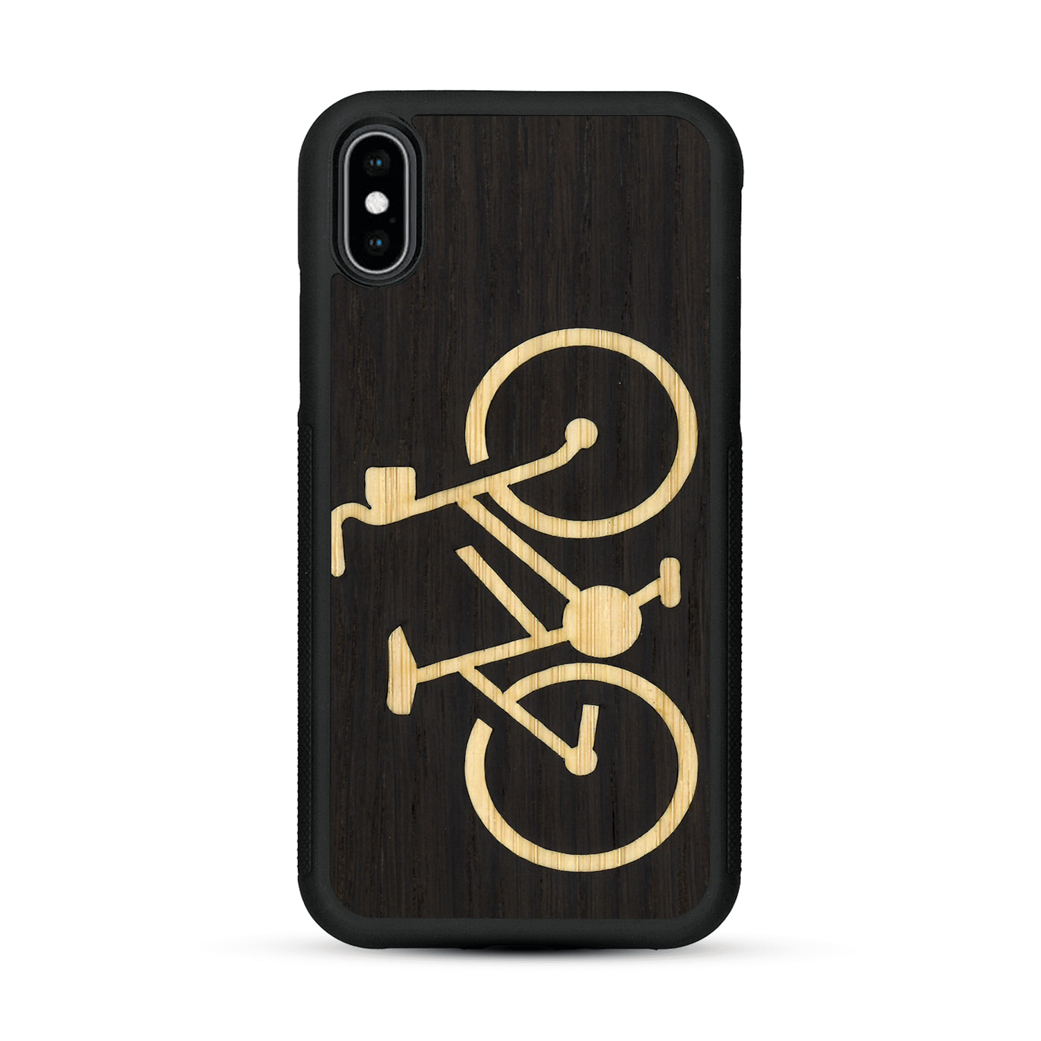 Coque de protection en bois véritable fabriquée en France pour  sur le theme du vélo et de l'outdoor qui allie du bambou et du chêne fumé représentant un vélo