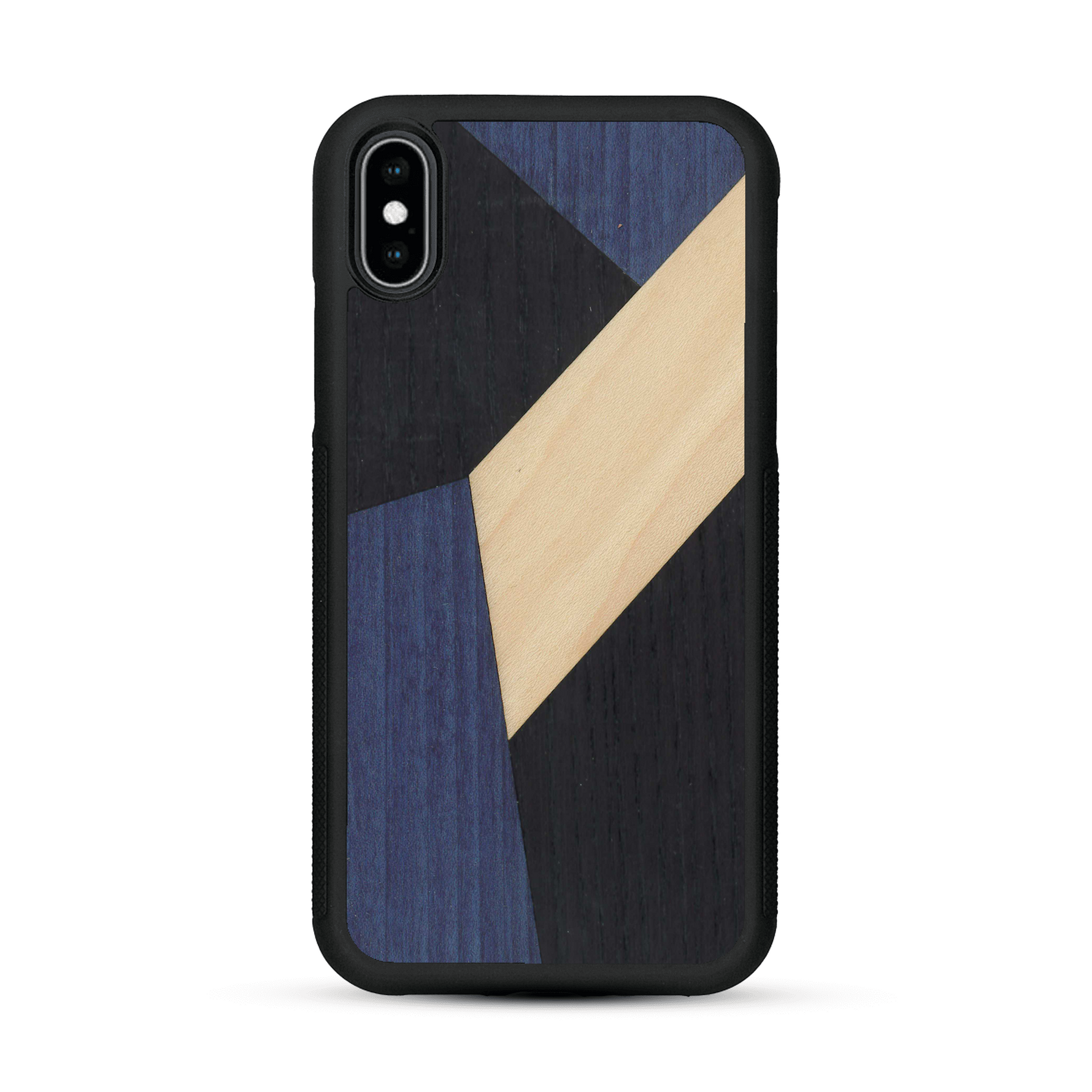 Coque de protection en bois véritable fabriquée en France pour  alliant du bambou, du tulipier bleu et noir en forme de mosaïque minimaliste sur le thème de l'art abstrait