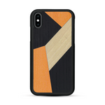 Coque de protection en bois véritable fabriquée en France pour  alliant du bambou, du tulipier orange et noir en forme de mosaïque minimaliste sur le thème de l'art abstrait