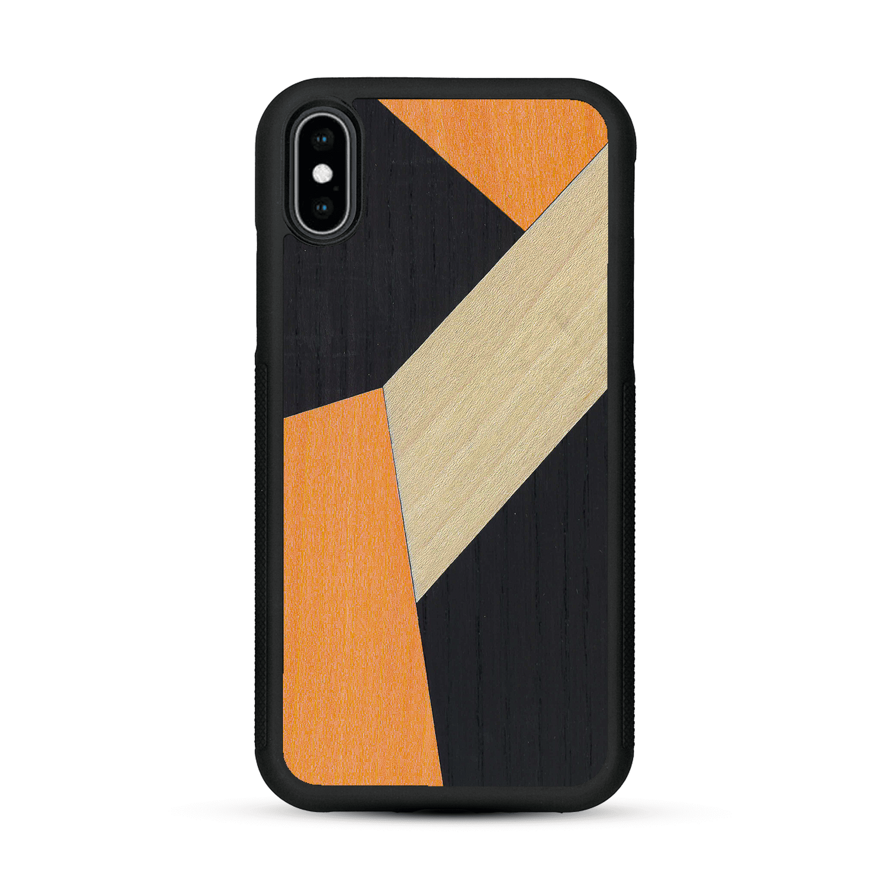 Coque de protection en bois véritable fabriquée en France pour  alliant du bambou, du tulipier orange et noir en forme de mosaïque minimaliste sur le thème de l'art abstrait