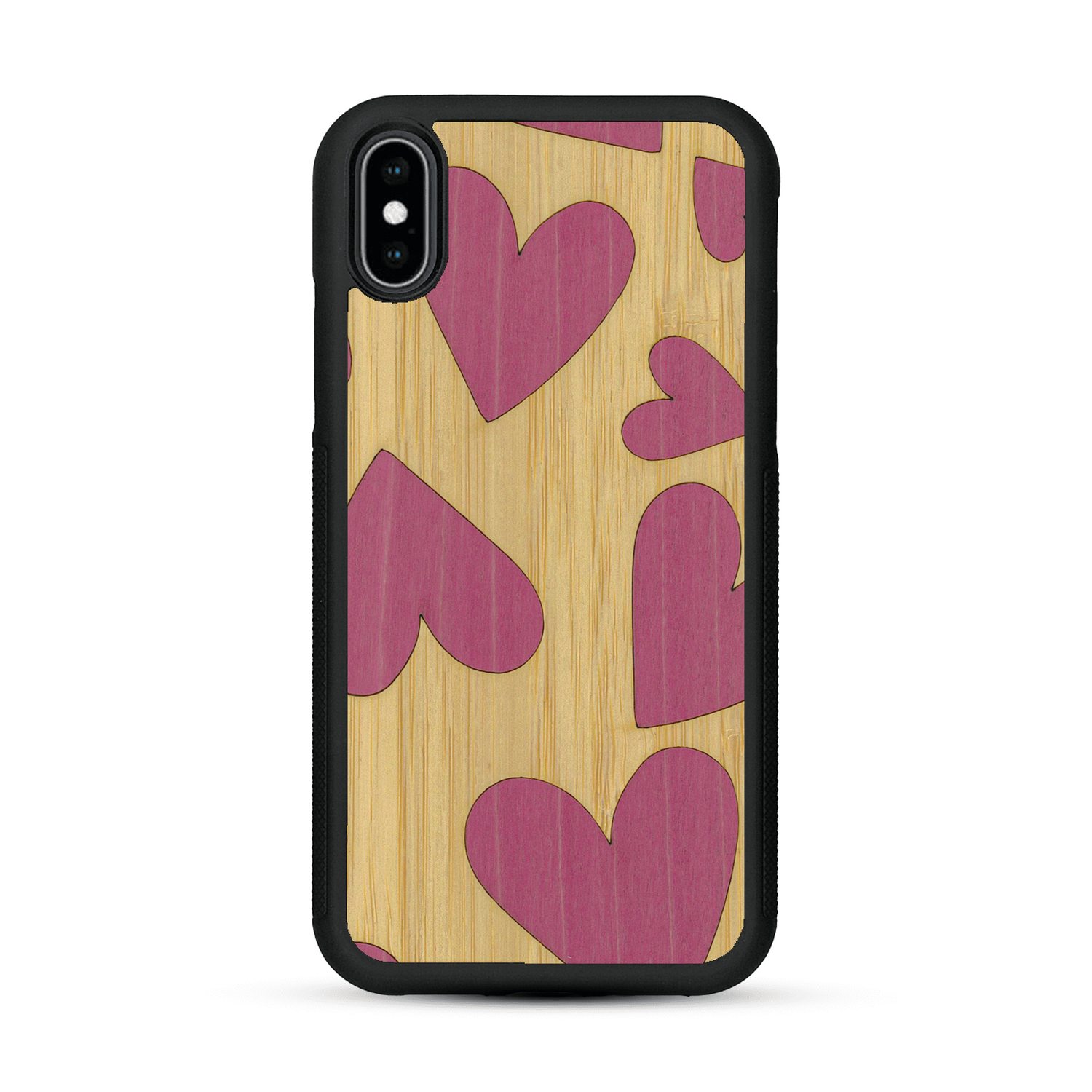 Coque de protection en bois véritable fabriquée en France pour  alliant plusieurs essences de bois pour représenter des coeurs pour les amoureux