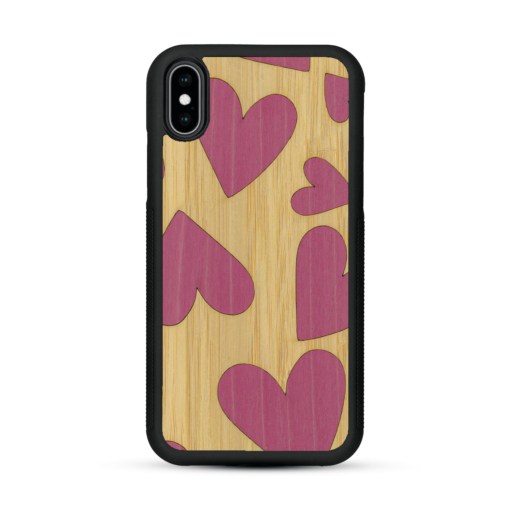 Coque de protection en bois véritable fabriquée en France pour  alliant plusieurs essences de bois pour représenter des coeurs pour les amoureux