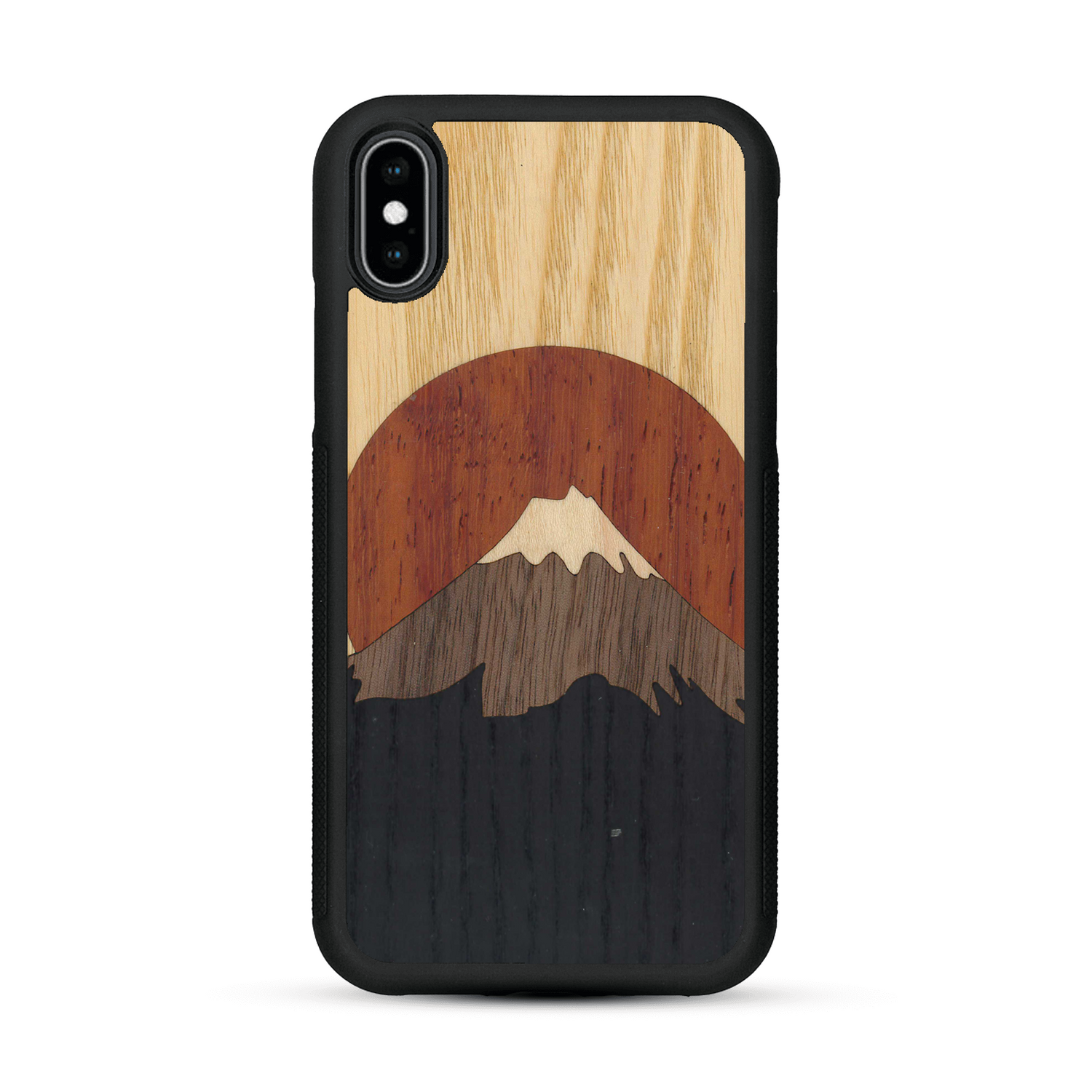 Coque de protection en bois véritable fabriquée en France pour  alliant plusieurs essences de bois pour représenter le mont Fuji