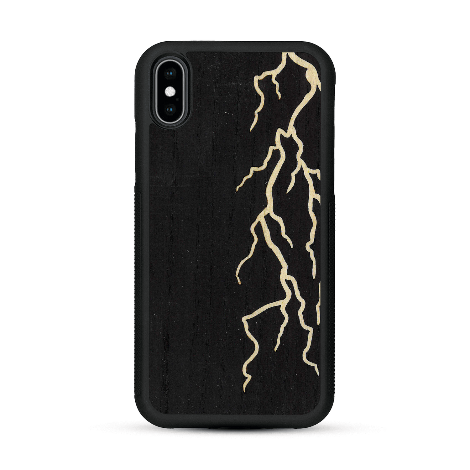 Coque de protection en bois véritable fabriquée en France pour  alliant plusieurs essences de bois pour représenter un éclair divin