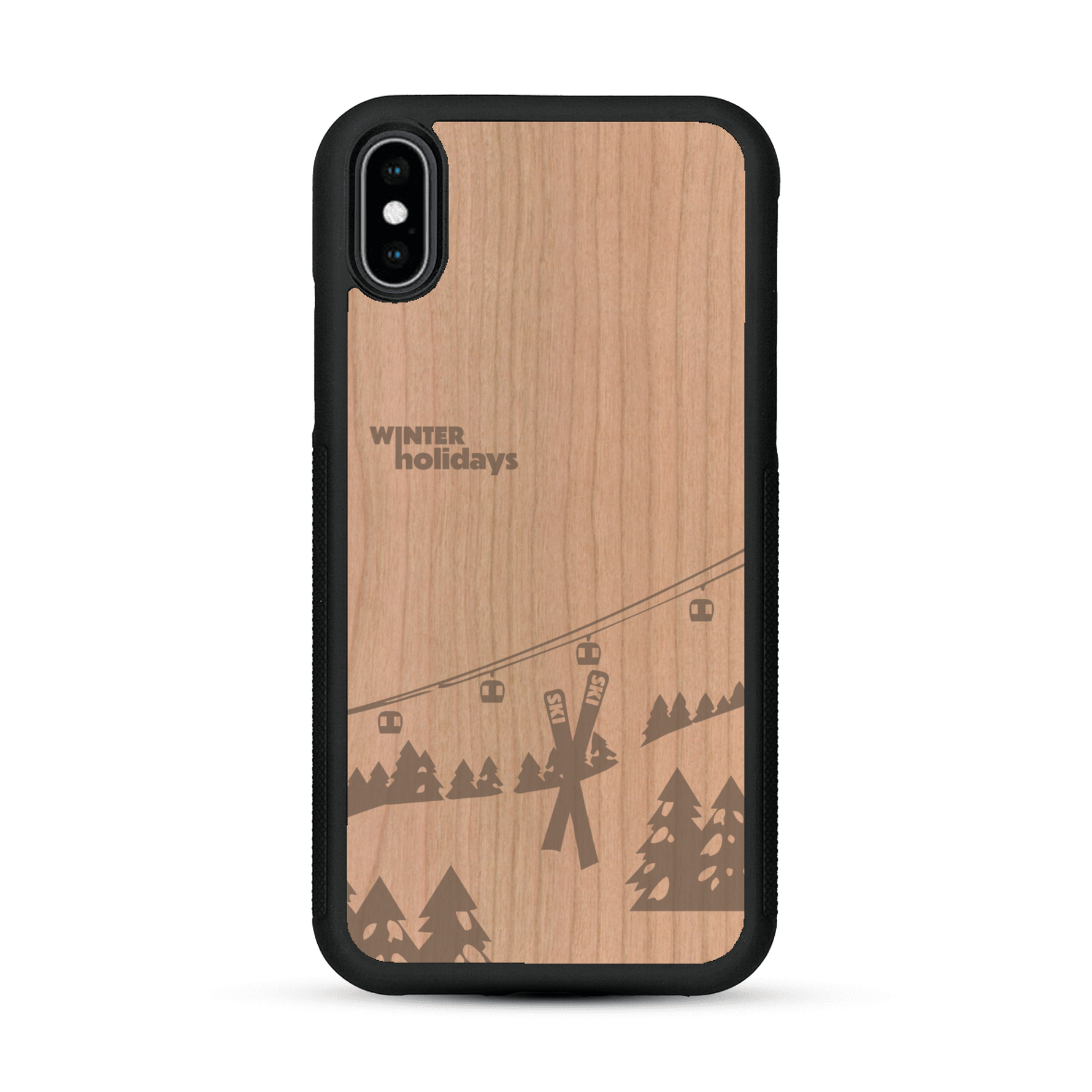 Coque de protection en bois véritable fabriquée en France pour  sur le thème de la montagne, du ski et de la neige avec un motif représentant une paire de ski plantée dans la neige avec en fond des montagnes enneigées