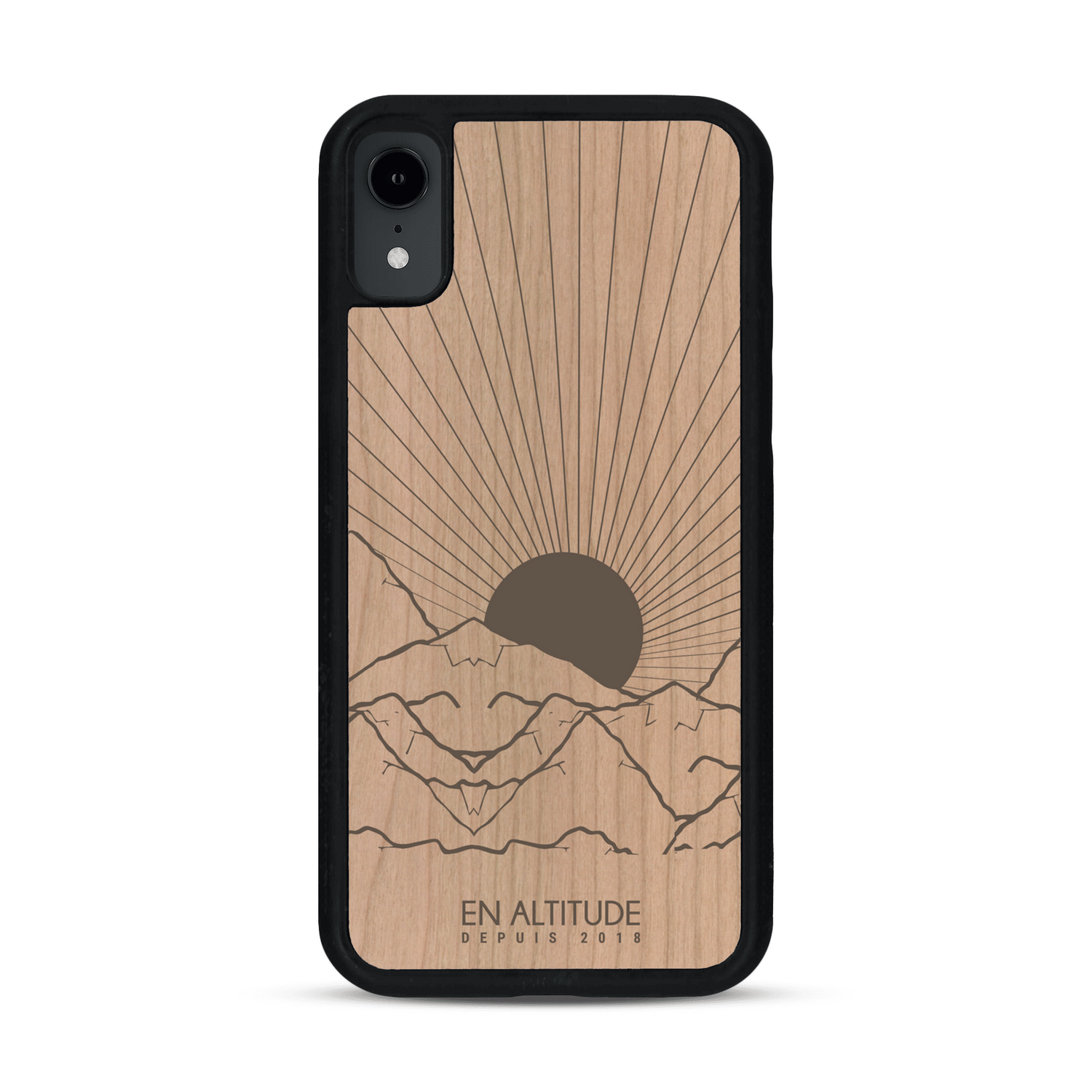 Coque de protection en bois véritable fabriquée en France pour  représentant des montagnes, sur le thème de la randonnée en pleine nature et du trail