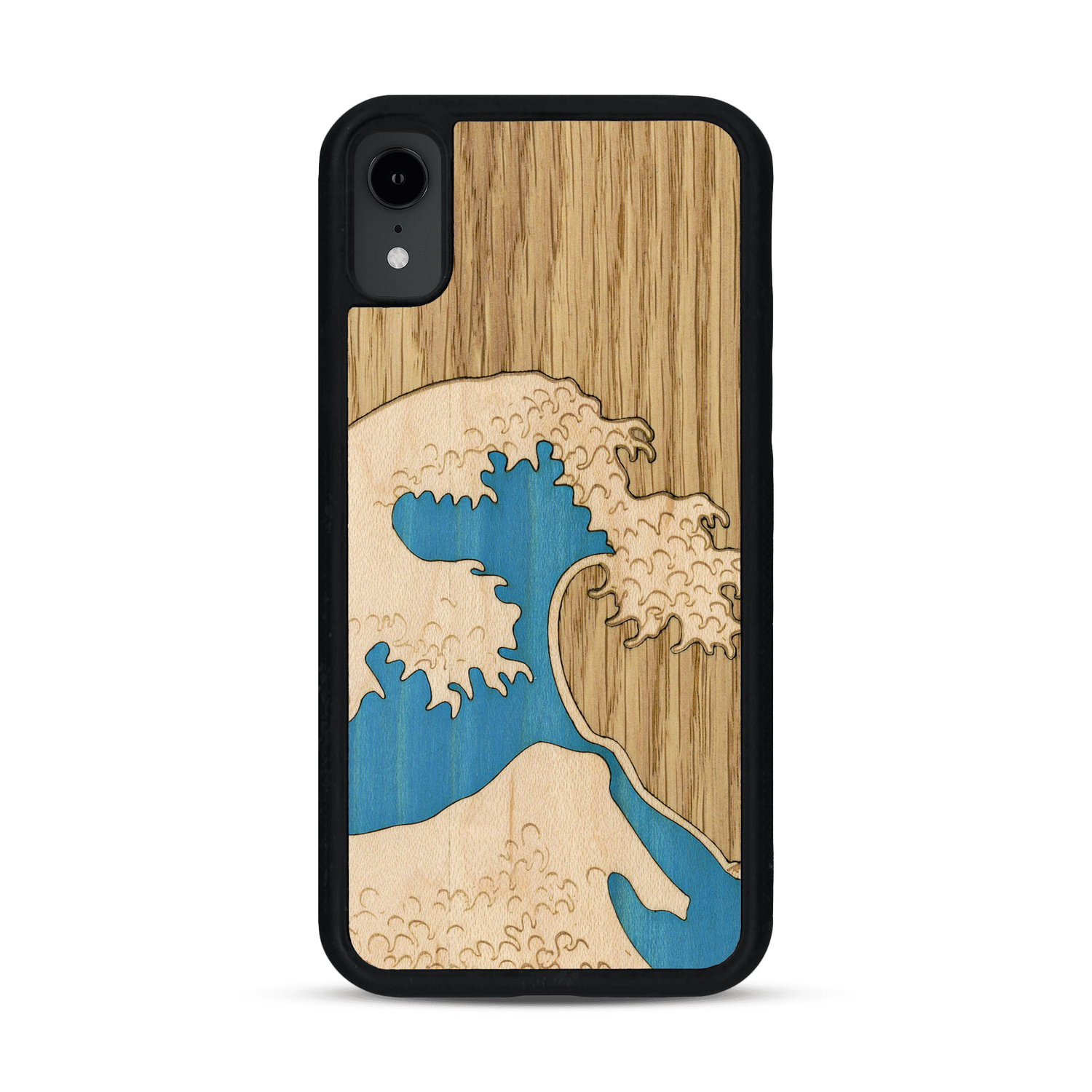 Coque de protection en bois véritable fabriquée en France pour  alliant plusieurs essences de bois pour représenter la célèbre grande vague de Kanagawa