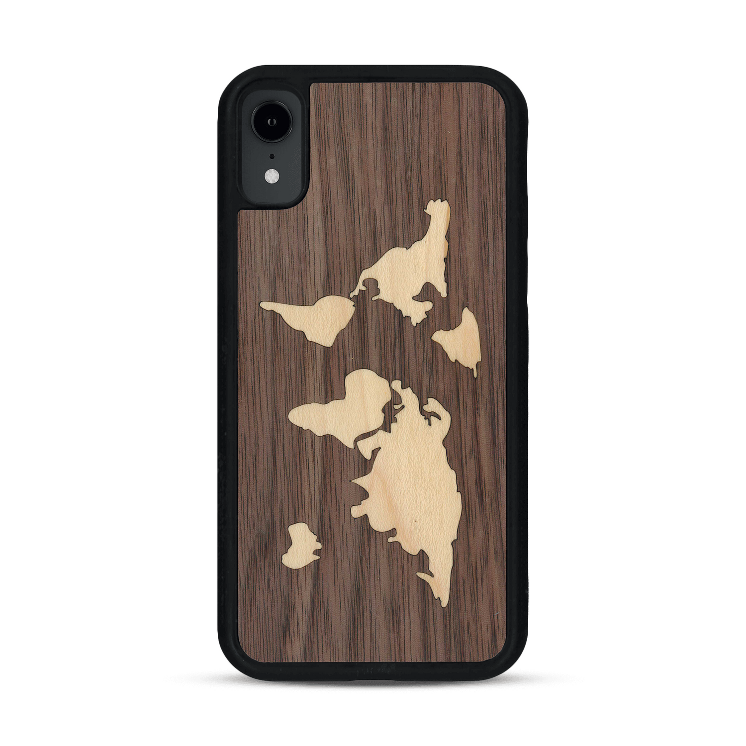 Coque de protection en bois véritable fabriquée en France pour  alliant du bambou et du noyer sur le thème du voyage et de l'aventure représentant une mappemonde
